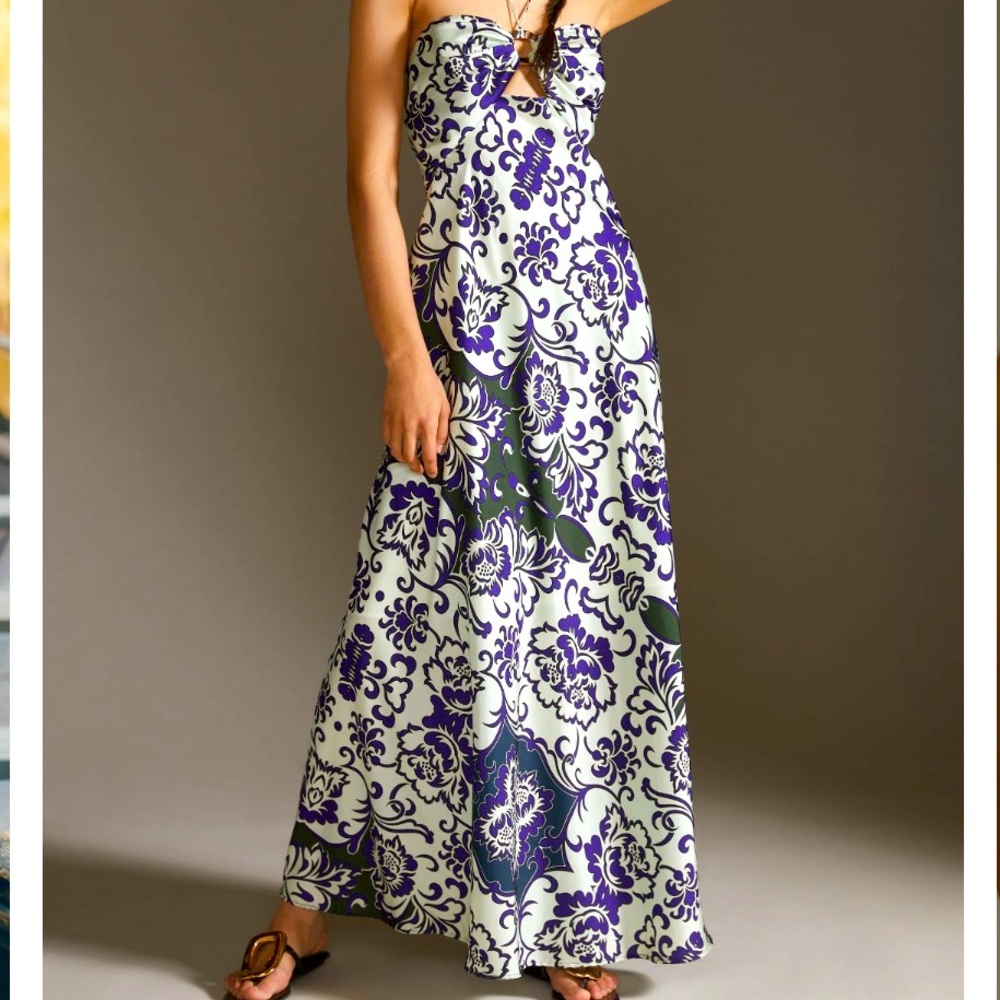 NWT Anthropologie Delfi Collective Halter Maxi Dress Dark Purple on light green